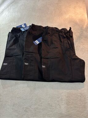 NEW Cherokee Workwear Black Scrub Pantts Large Drawstring Elastic Waist Set Of 3